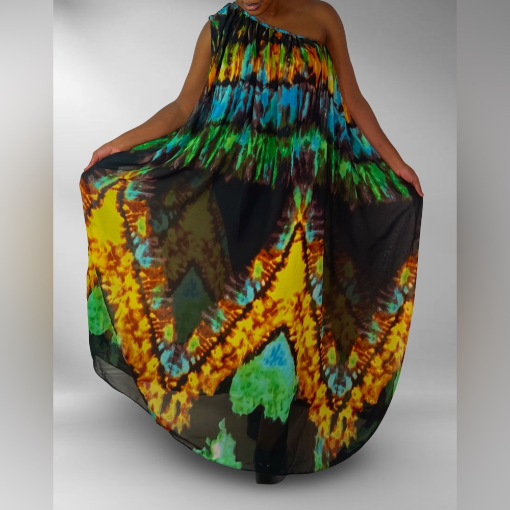 Yellow and Black Tie-dye Design Smocked A-line Maxi Dress